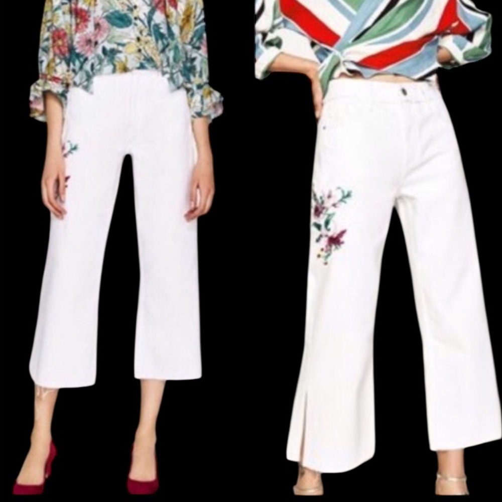 Zara distressed embroidered floral wide jeans 2